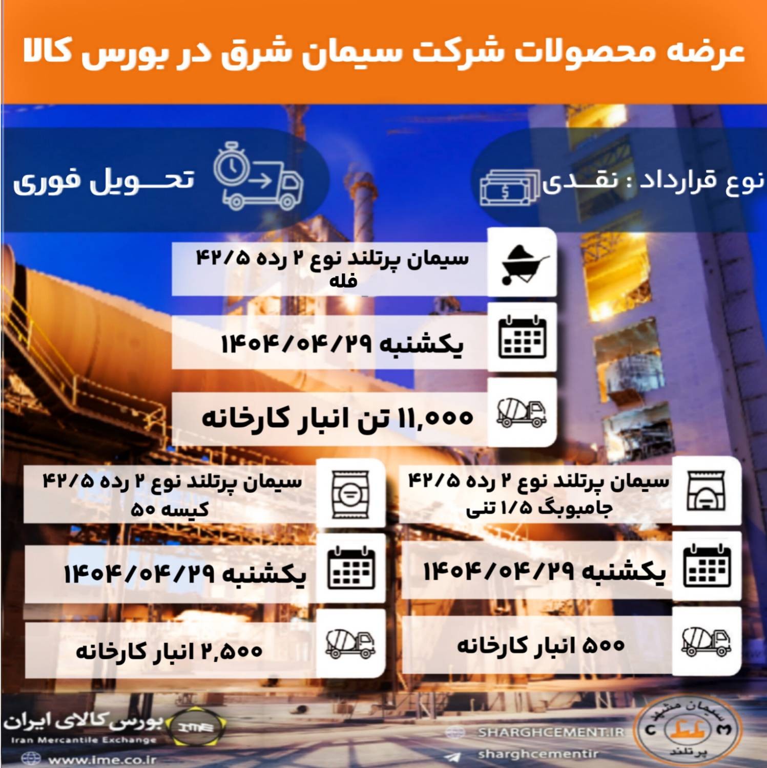 اطلاعات عرضه محصولات سیمان شرق در بورس کالا در هفته پنجم تیر ماه 1404